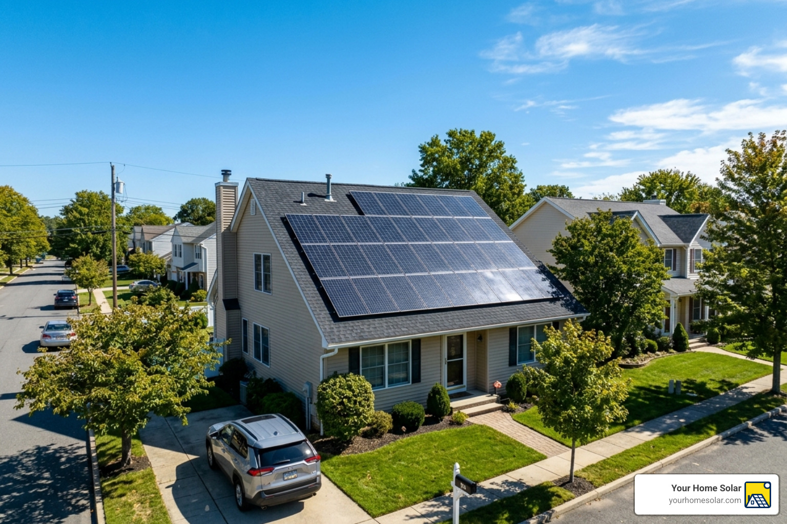 solar-powered-ac-the-ultimate-guide-to-keeping-cool-image solar panels on a sunny residential roof - ac run on solar power