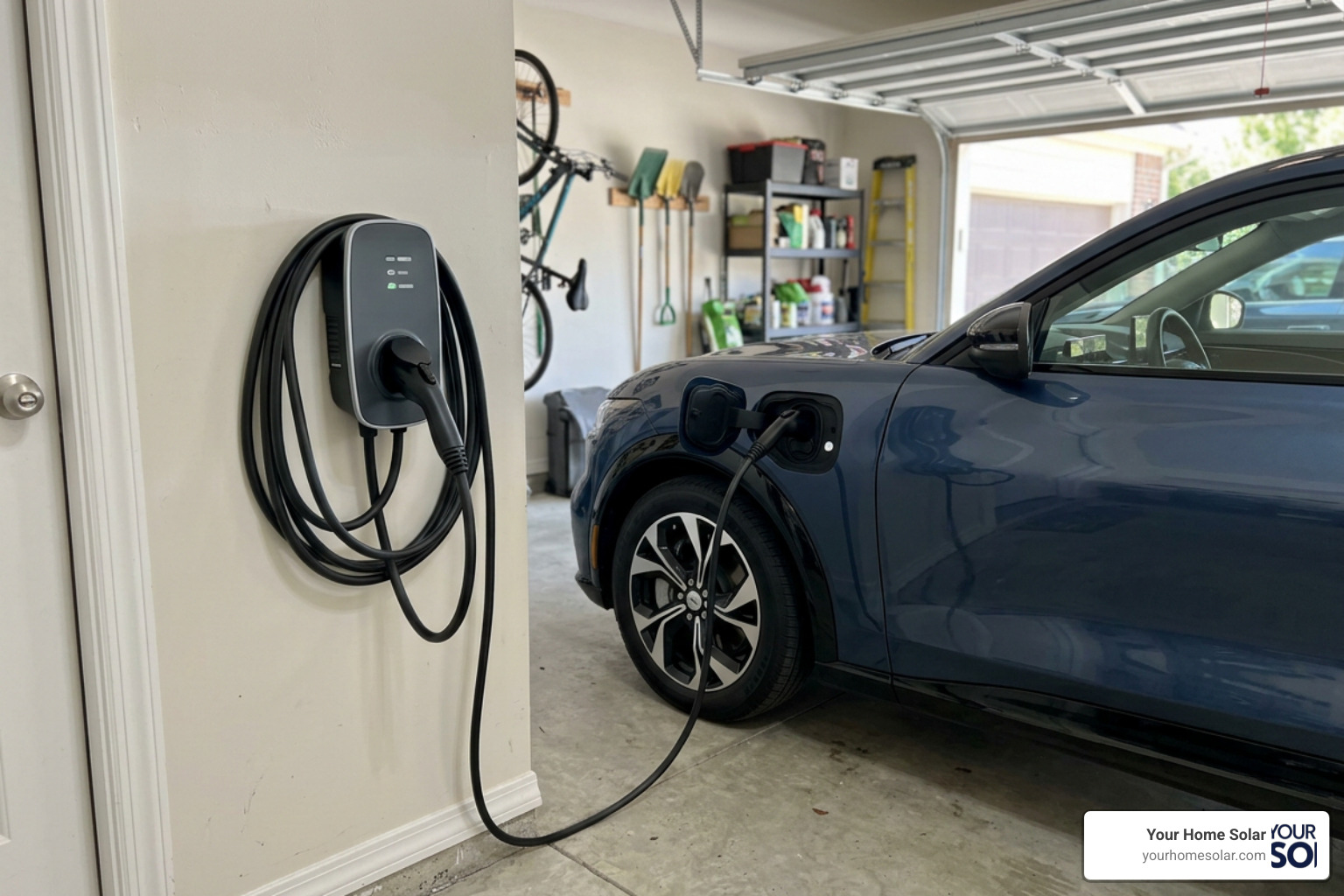 compare-level-2-chargers-a-practical-guide-to-choosing-the-best-image A photorealistic level 2 charger installed on a garage wall next to an electric vehicle